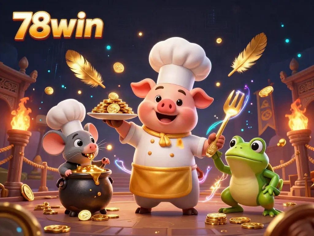 Engage in thrilling gameplay with 78win as a chef pig serves gold coins amidst dynamic casino elements.