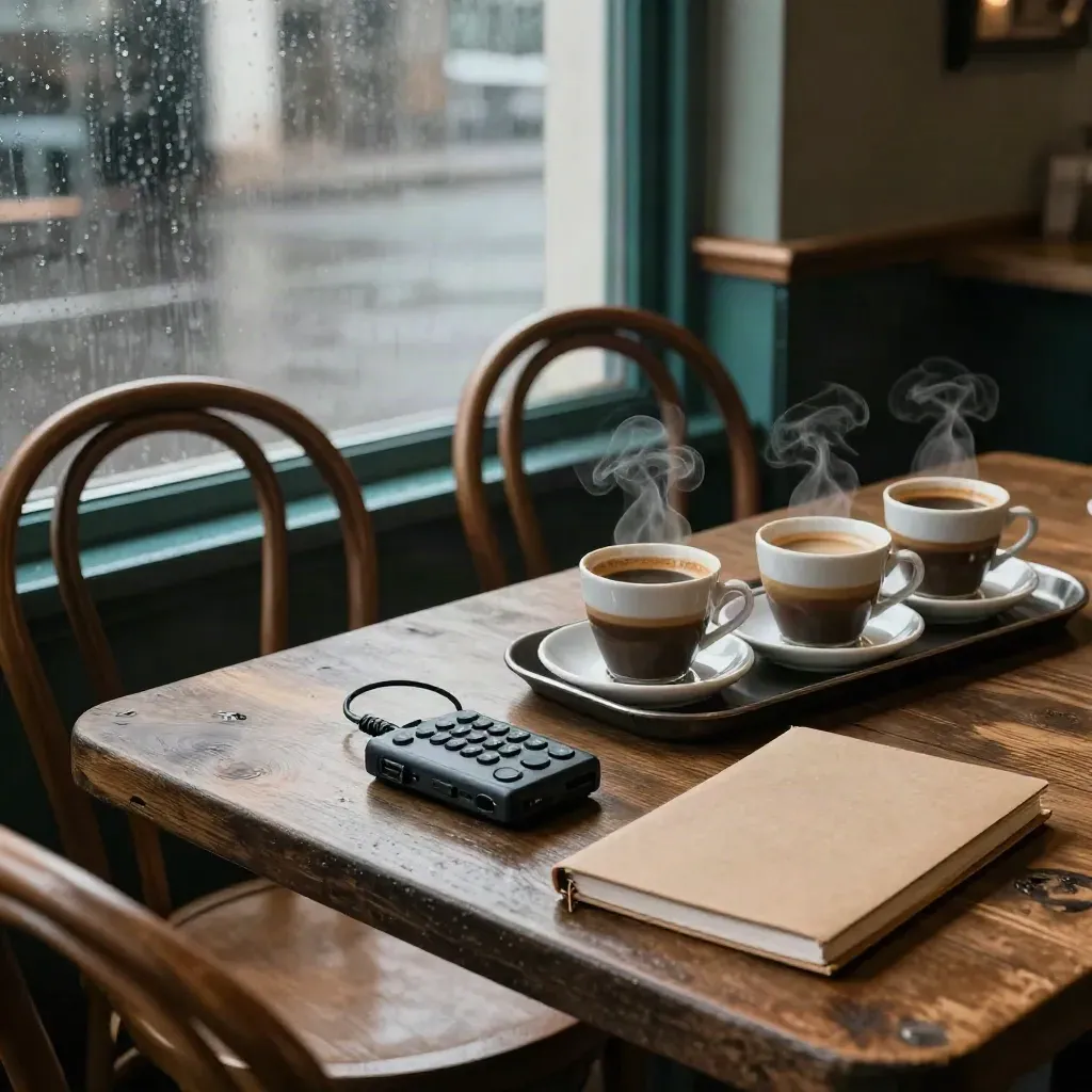 Retro di caffè con tre sedie, registratore, taccuino piegato e tazze in una luce piovosa.