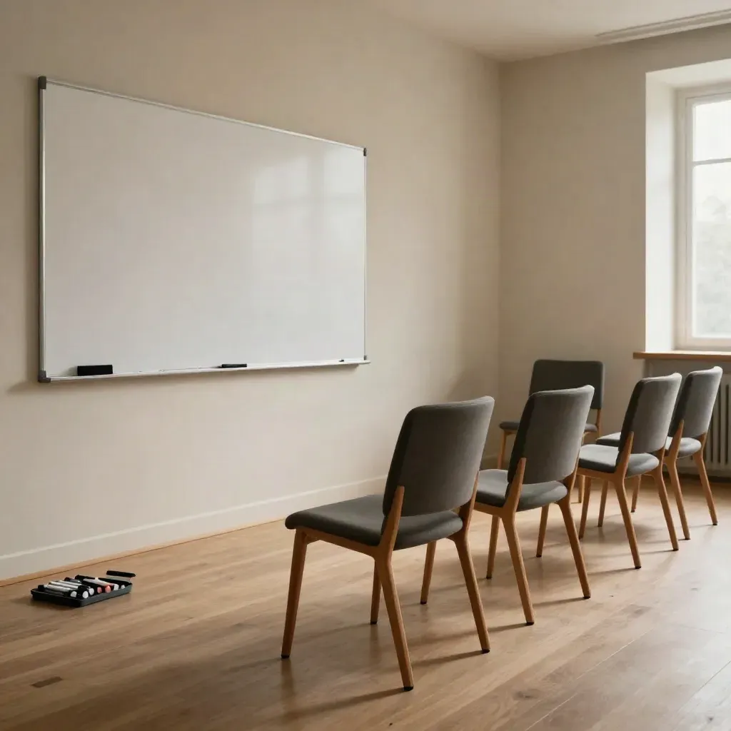 Sala formazione ordinata con sedie allineate, lavagna bianca e vassoio di pennarelli