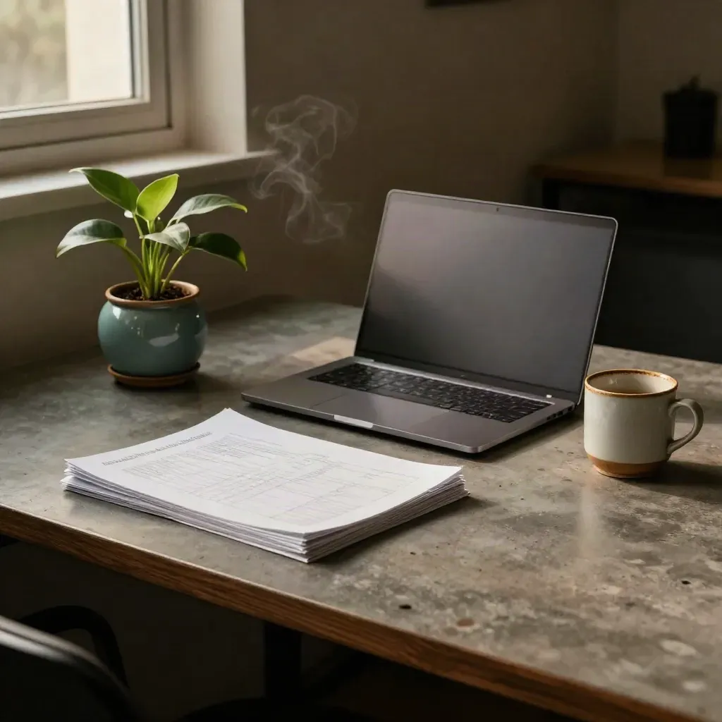Scrivania startup con laptop chiuso, briefing impilati, pianta e tazza teal nella luce serale.