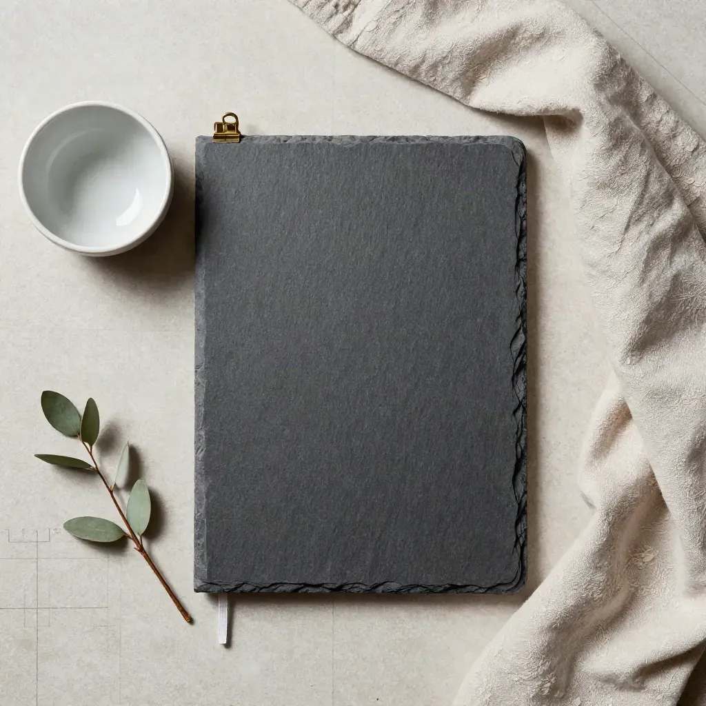 Quaderno slate con clip, ciotola in ceramica, lino piegato e rametto verde su pietra.