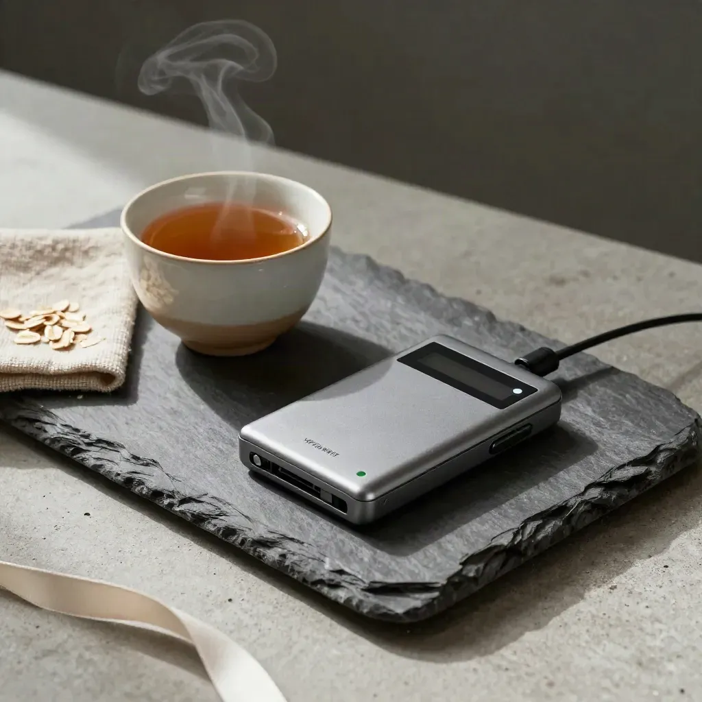 Registratore audio, tazza in ceramica e panno piegato su vassoio di pietra, con vapore leggero.