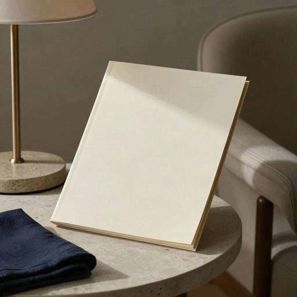 Fascicolo crema, base di lampada e panno blu navy su tavolino chiaro vicino a una sedia